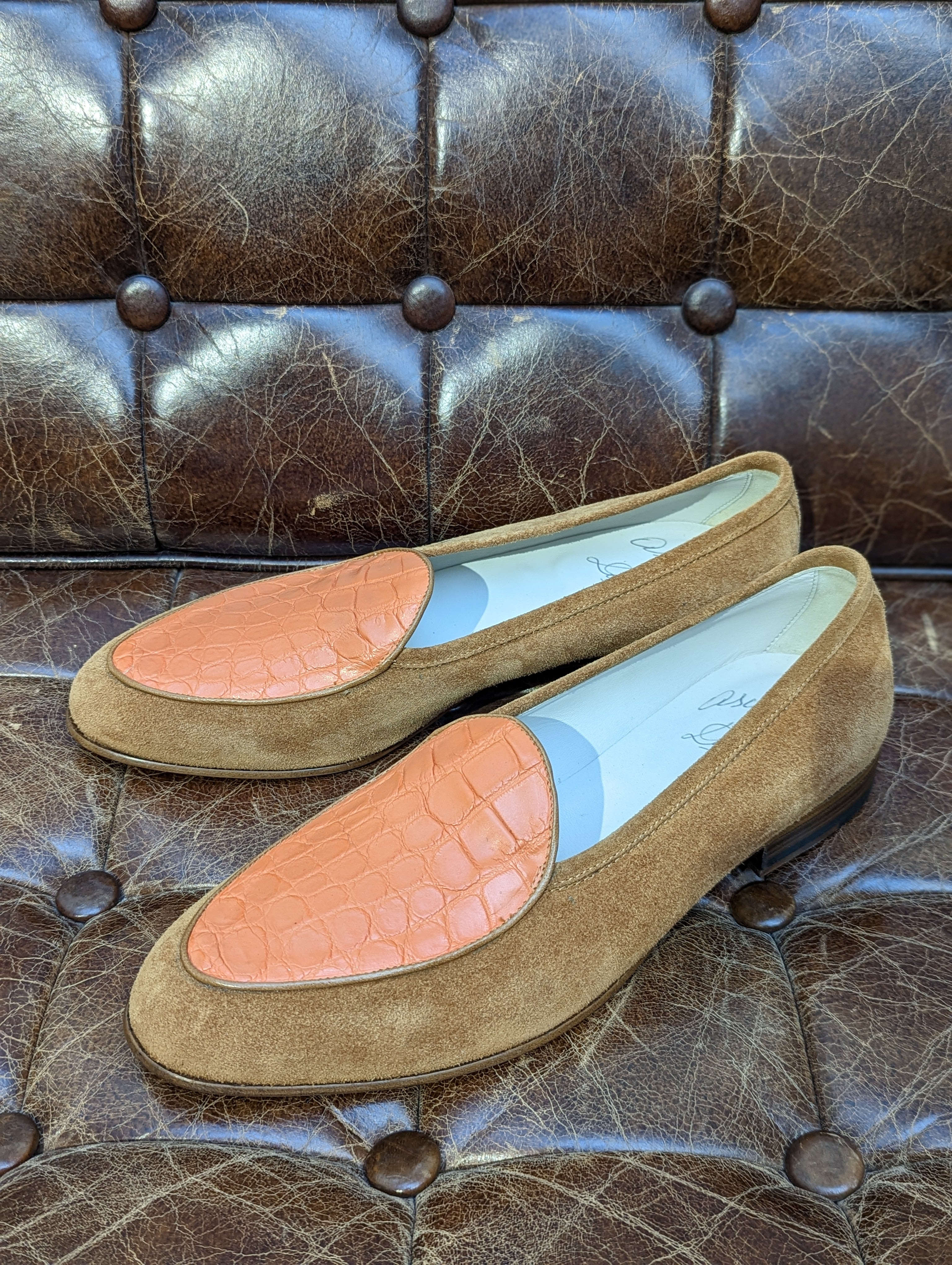 Belgian Loafer - Tan Suede & Orange Crocodile - Ascot Shoes