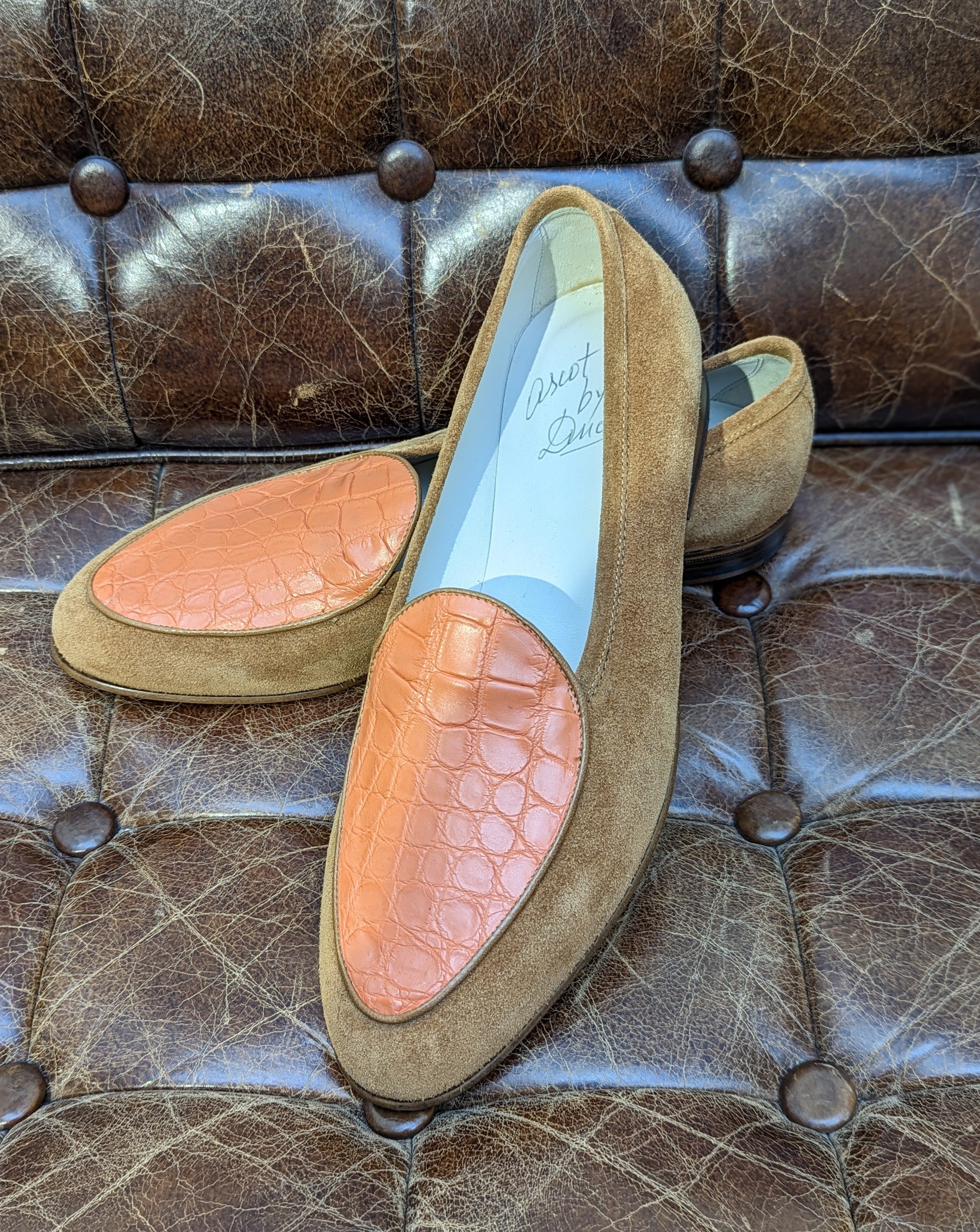 Belgian Loafer - Tan Suede & Orange Crocodile - Ascot Shoes