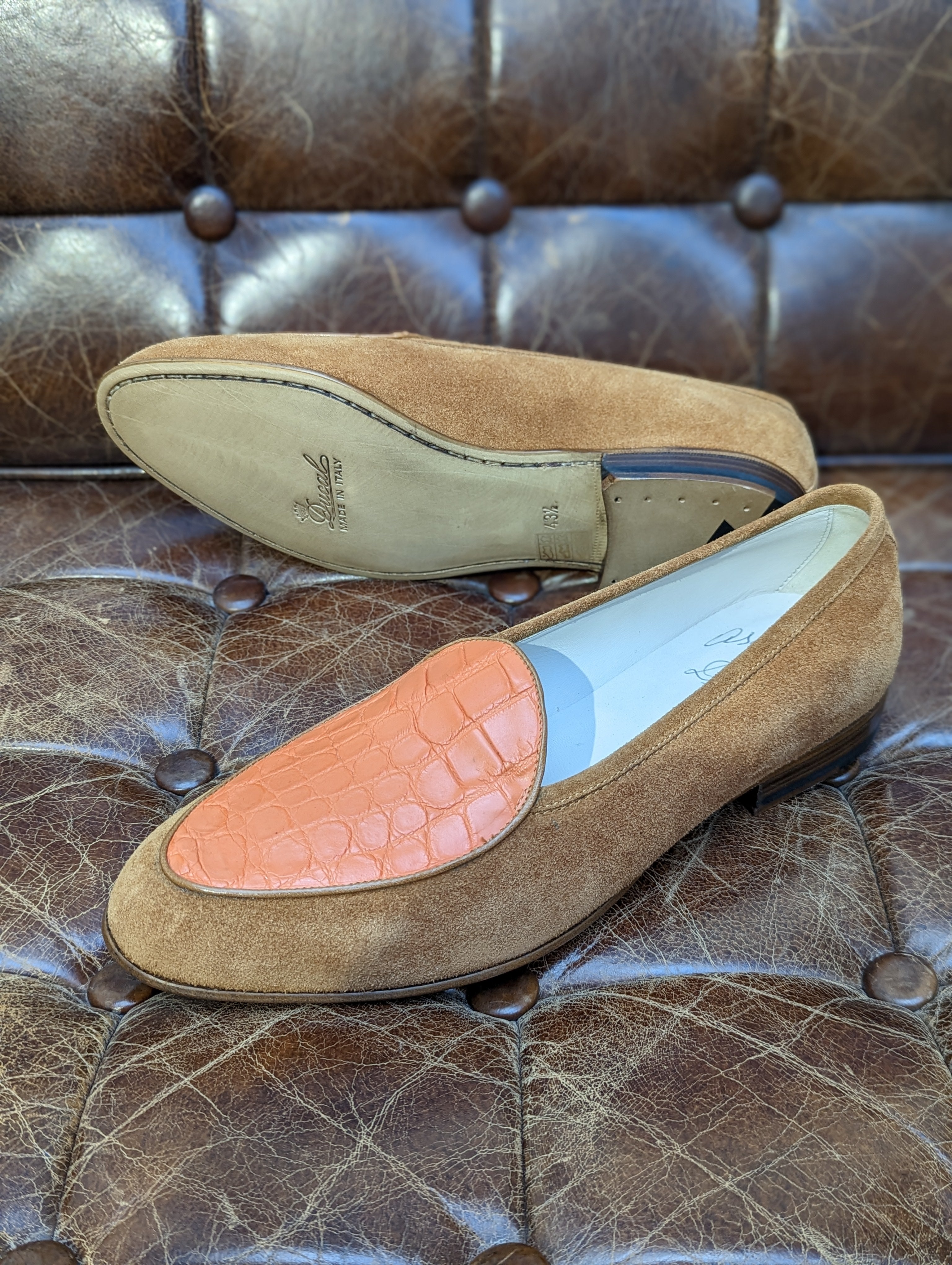 Belgian Loafer - Tan Suede & Orange Crocodile - Ascot Shoes