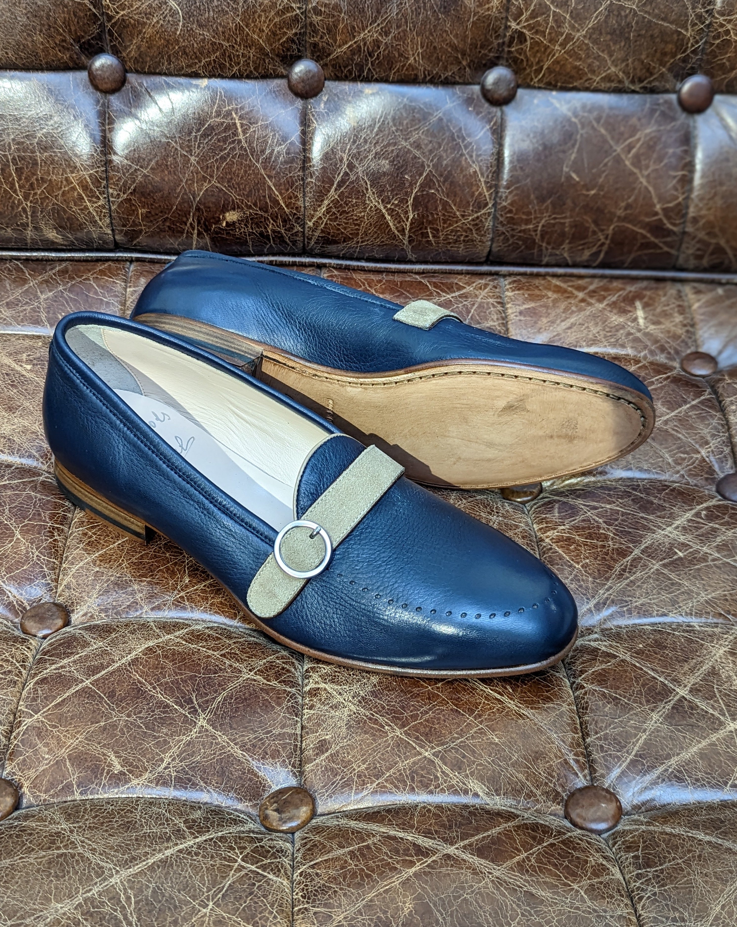 Ascot Belgian Loafer - Navy Deer & Beige Suede, UK 9.5 - Ascot Shoes