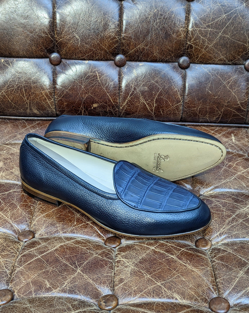 Belgian Loafer - Navy Deer & Navy Croc, UK 9.5 - Ascot Shoes