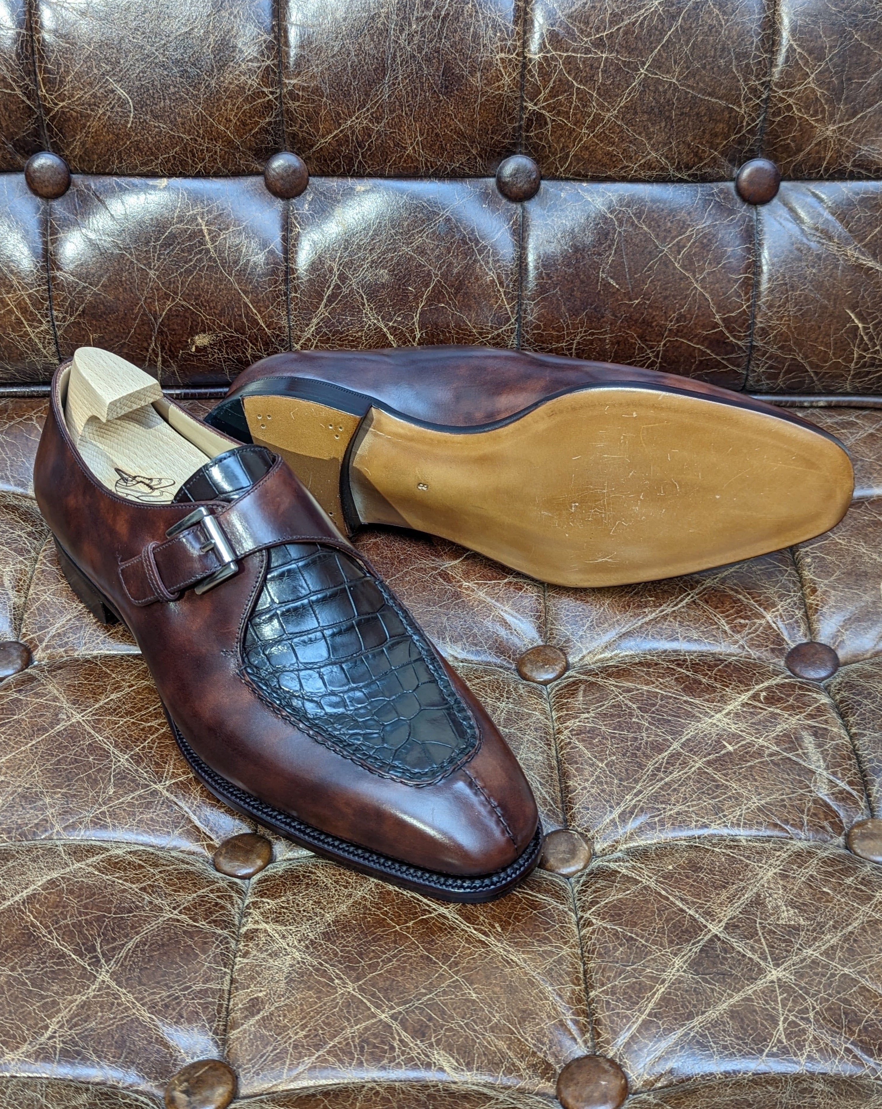 Ascot Andre - Brown Museum Calf & Croc, UK 8 - Ascot Shoes