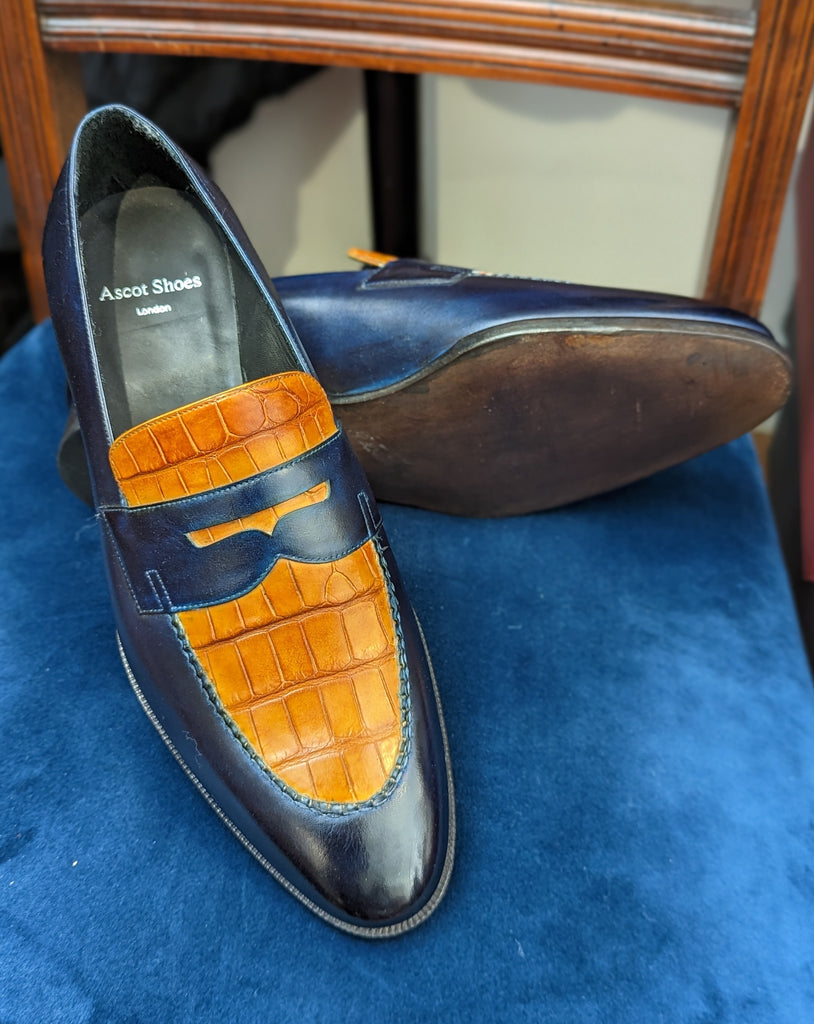 Ascot Sinatra - Blue Calf & Tan Croc, UK 9 - Ascot Shoes