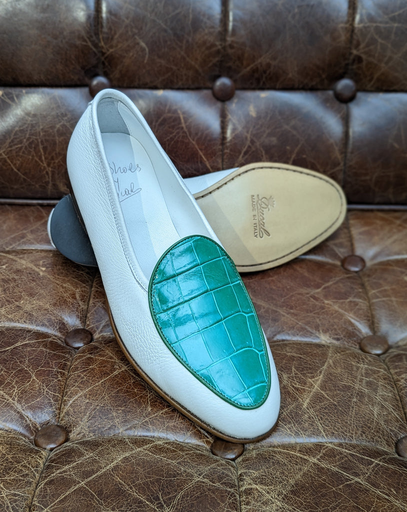 Belgian Loafer - White Deer & Green Croc - Ascot Shoes