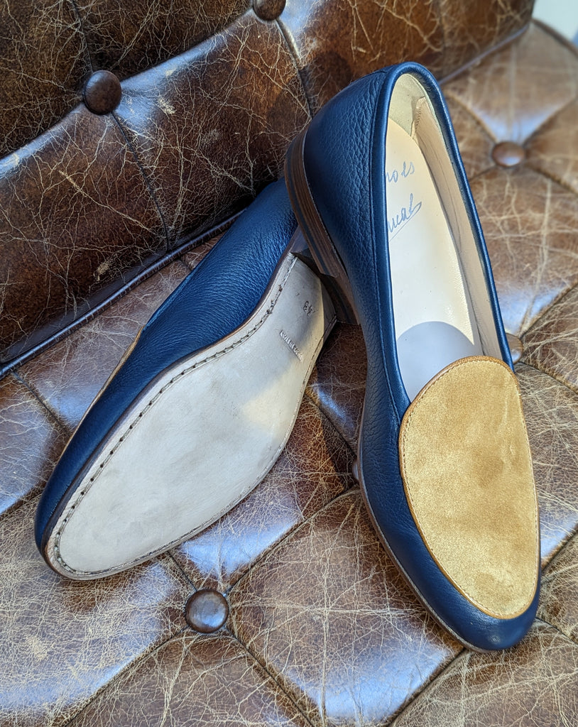 Belgian Loafer - Navy Deer & Tan Suede, UK 9 - Ascot Shoes
