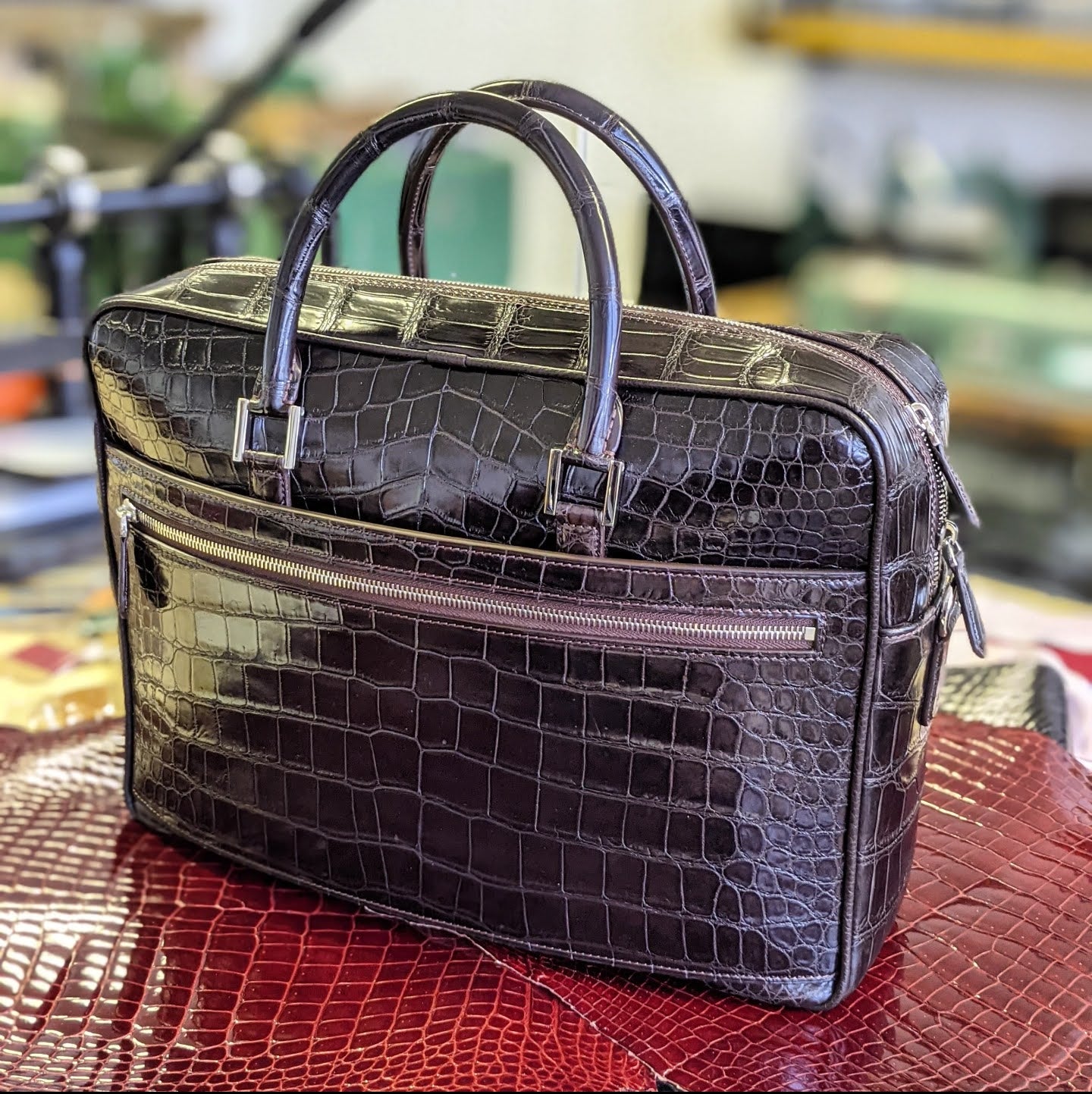 Bespoke Briefcase - Dark Chocolate Millennium Finish Crocodile - Ascot Shoes