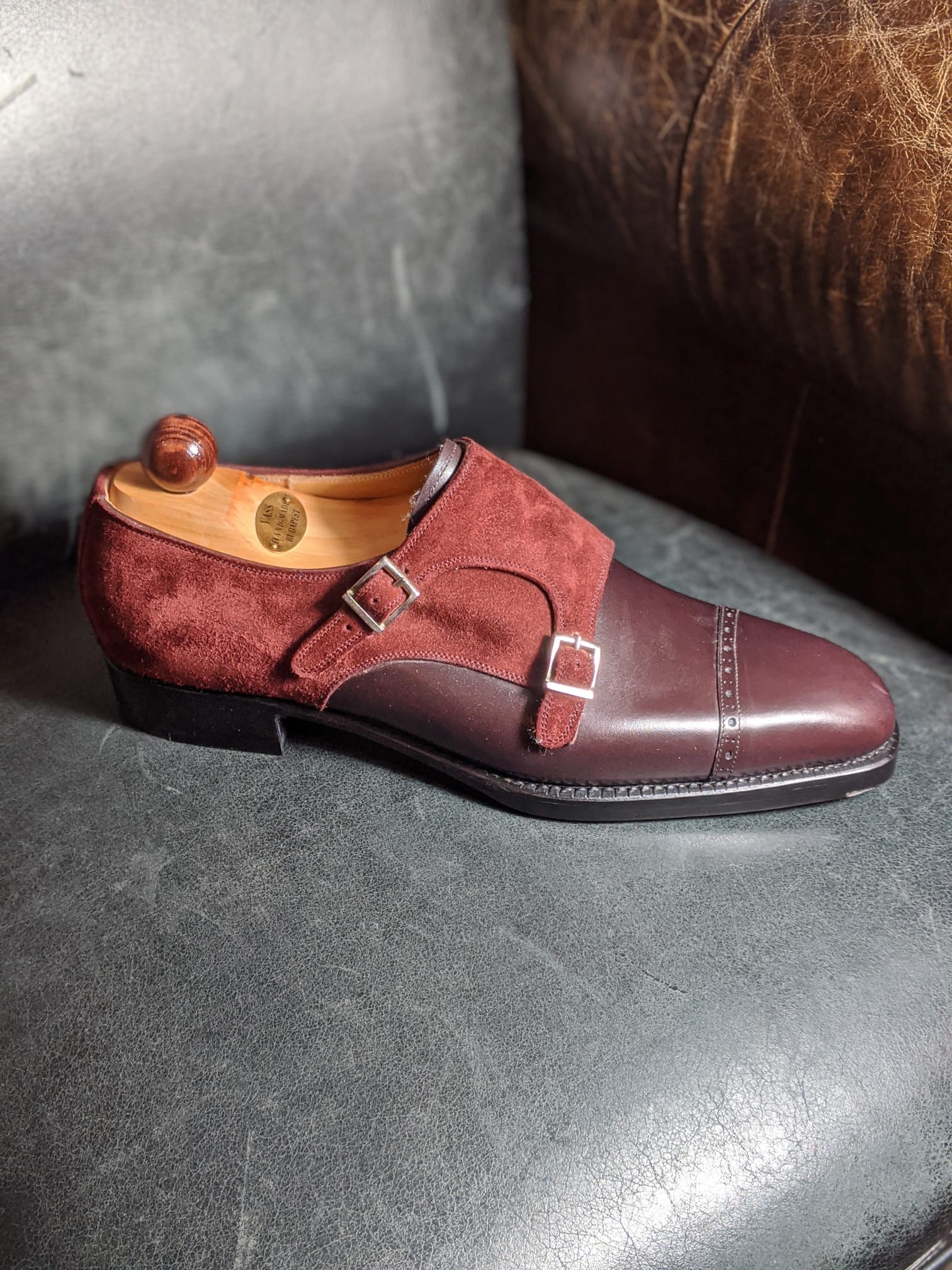 Vass Double Monk - Burgundy suede & oxblood calf - Ascot Shoes