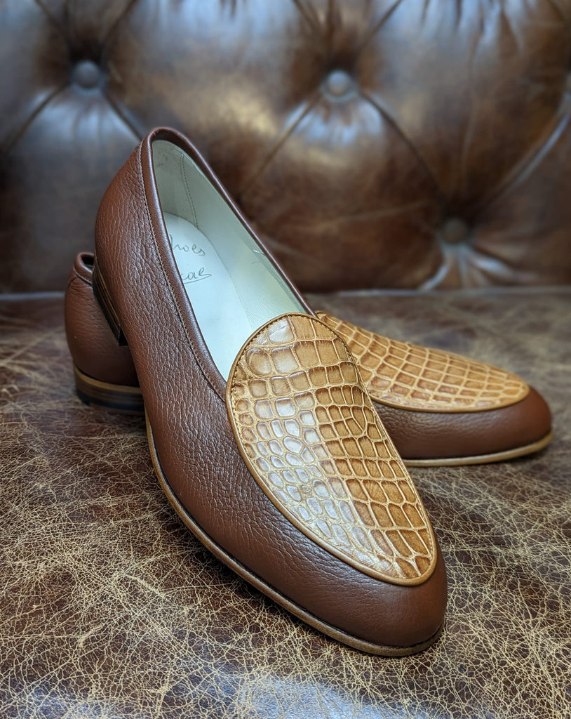 Belgian Loafer - Tan Croc & Cognac Deer - Ascot Shoes